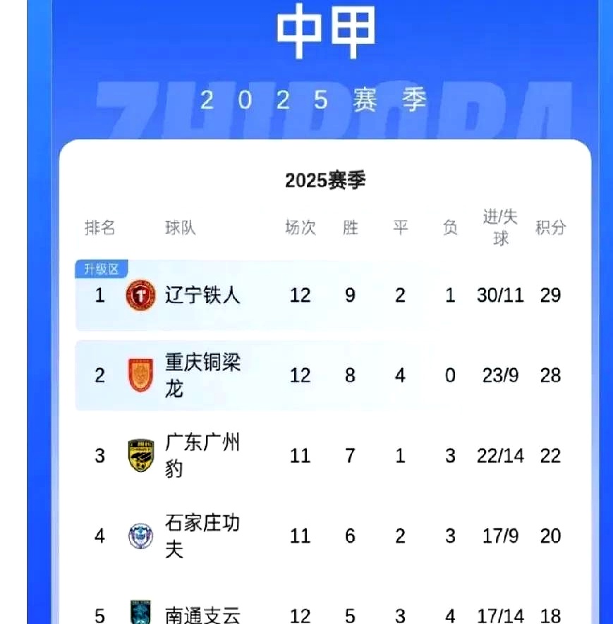 包含中甲联赛积分榜：重庆铜梁龙喜迎三连胜稳居前两名，广州豹落后冲超区8分的词条